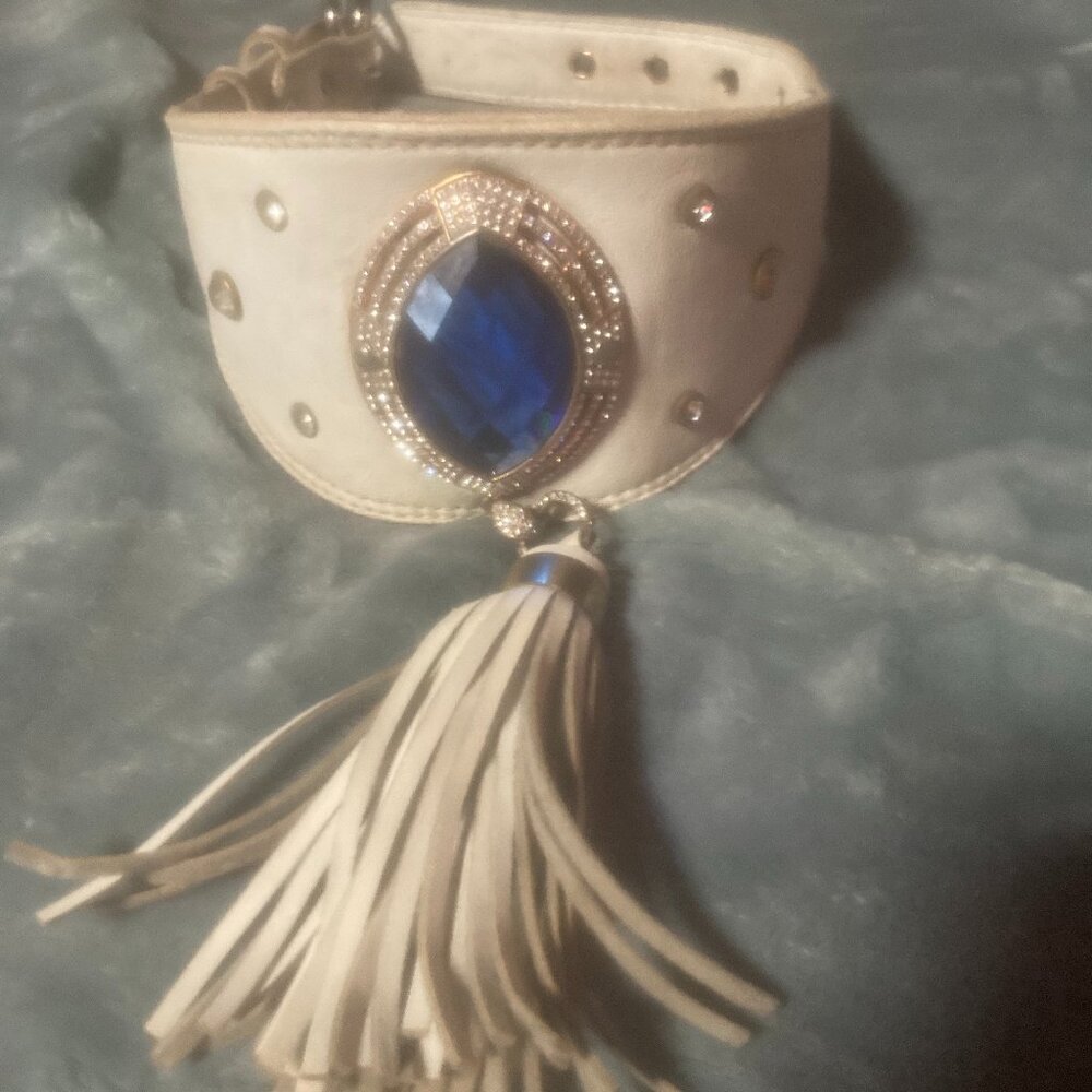 Amazing White Leather Bog collar for Big Dogs. White and Blue stone